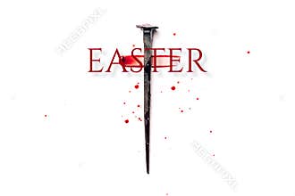 Christian cross made with rusty nails, drops of blood on white background. Copy space. Good Friday, Easter day