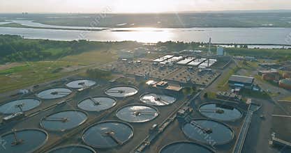 Aerial view of drinking water treatment plants for big city from water management
