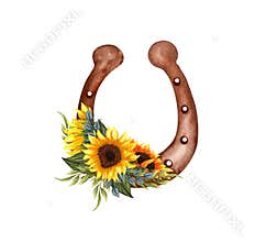 Watercolor sunflower bouquet. Cowboy horseshoe and sunflowers. Farmhouse rustic clipart isolated on white background