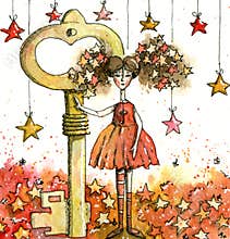 Portrait of Fairy of vintage keys with stars and beautiful dress.