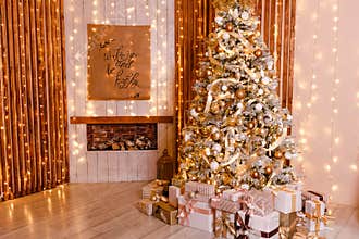 Beautiful Christmas tree in gold style