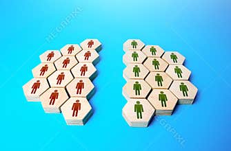 The group of people is divided equally on the issue. Two camps of thought. Integrity violation. Opinion differences. Merging