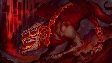 Digital animated painting of a three headed creature from hell oozing lava from its face an neck - fantasy illustration