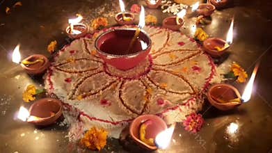 Beautiful Colorful Rangoli And Burning Clay Oil Diya Lamp Indian Festival Worship.
