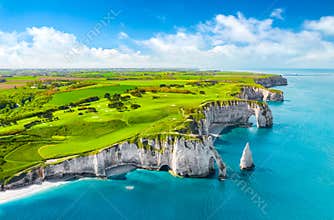 Picturesque panoramic landscape on the cliffs of Etretat. Natural amazing cliffs. Etretat, Normandy, France