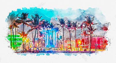 Watercolor painting illustration of Ocean Drive hotels and restaurants at sunset. City skyline with palm trees at night