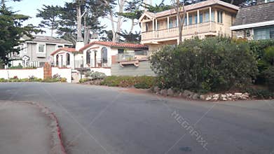 Suburban street, residential district, houses or homes, California architecture.