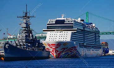 Battleship Iowa and Norwegian Joy cruise ship in the Port of Los Angeles, California