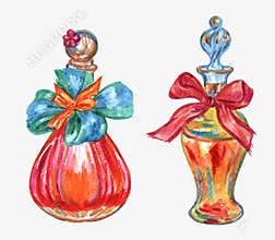 Two bottles of perfume. Watercolor painting.