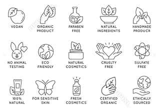 Organic cosmetics icon. Eco friendly cruelty free line badges for beauty products and vegan food. No animal tested
