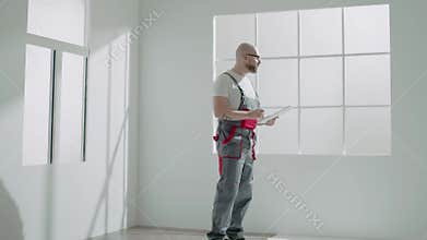 Bearded man with clipboard inspects new window in light room