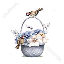 Baskets of spring flowers. Hand drawn watercolor isolated illustration