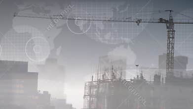 Animation of globe with world map over construction site