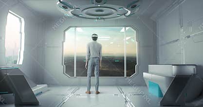 Anonymous man choosing window view in virtual reality room