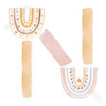 Watercolor Children`s alphabet letter N in the style abstract rainbow design. Cute kids font lettering design for nursery