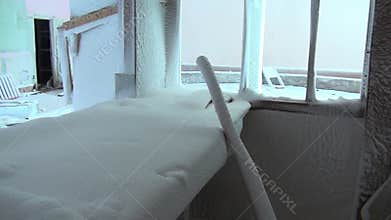 Ruins of snow abandoned officers&#x27; House in ghost town Coal Mines Russia.