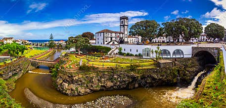 Panoramic cityscape view to Municipality and central square Of Ribeira Grande, Sao Miguel, Azores, Portugal. Central square of
