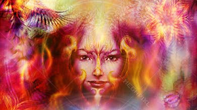 Goddess Woman with bird, and oriental ornamental mandala and color background. Original painting collage. Eye contact.