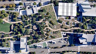 Meta MPK Building 21 aerial view, green rooftop garden, modern architecture