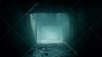 Dark and spooky abandoned asylum corridor with flying bats