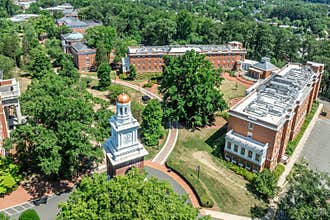 Aerial view of Mary Washington University buildings in Fredericksburg Virginia: Dodd Auditorium, Jefferson Hall, Bushnell Hall,