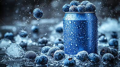 soft-drink can 330ml floating, tilted up slightly, facing camera, little chunks of blue berries in the air scattered too