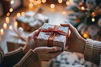 Exchanging a christmas gift in a festive holiday setting with warm lights AI