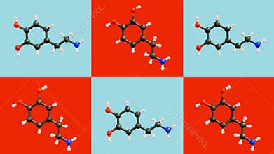 3D animation of a dynamic checkerboard background with shifting colors behind of dopamine molecules