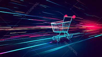 Neon grocery cart gliding through a vibrant futuristic landscape