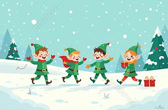 Elves and gnomes in green outfits with Christmas gifts in forest.Generative AI