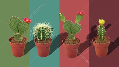 Various cacti on a colorful background