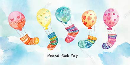 Watercolor style illustration of colorful patterned socks with floating balloons in the sky for National Sock Day.