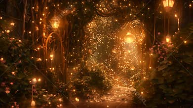 A whimsical forest path glows with the warm light of fairy lights strung between trees, Exquisite fairy lights shining brightly