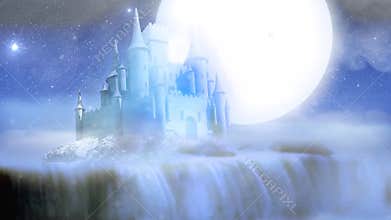 Fantasy castle over waterfall