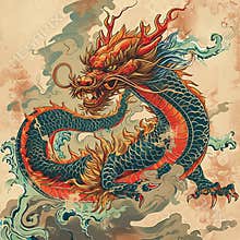 Design a Spring Festival poster, Chinese flying dragon, full body view, fine details, slender body, line art
