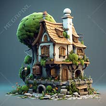 Hyper-detailed Fairytale-inspired 3d House With Animated Game Character In T-pose