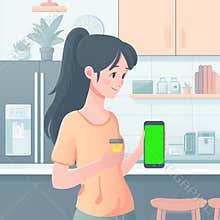 A woman holds a phone in her hands against the background of the kitchen