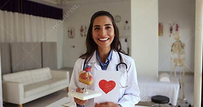 Cheerful Latin cardiologist woman holding paper card with red heart
