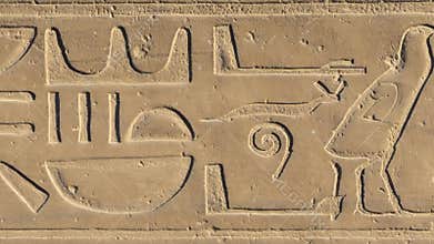 Egyptian hieroglyphs close-up in Luxor Temple, ancient Thebes, Egypt. Luxor Temple is a large Ancient Egyptian temple