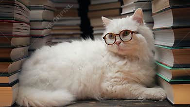 Portrait of fluffy cat in round glasses between books stacks in library. Domestic scientist kitty. Student pets, whisker