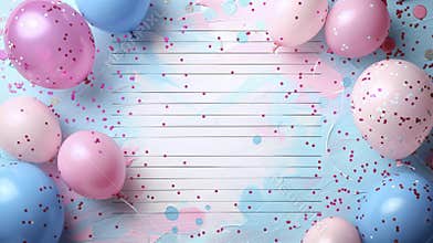 Invitation card mockup, lined sheet of paper and pink with blue balloons.