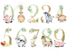 Watercolor farm animals numbers.
