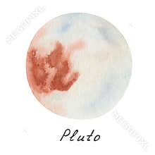 Watercolor illustration of hand painted dwarf planet Pluto in blue, white, brown colors. Outer space extraterrestrial object of