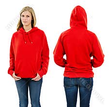 Female wearing blank red hoodie