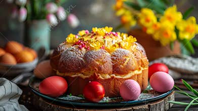 Traditional orthodox easter bread and eggs