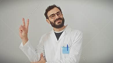 Confident middle age man, donning a scientist uniform, flashes a victorious v sign. behold his happy, winning smile and friendly