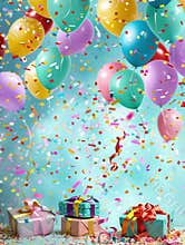 A festive backdrop for a childrens birthday party, featuring bright balloons, confetti, and gifts. Generative AI