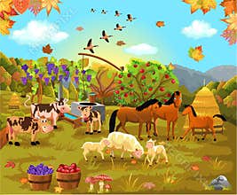 Farm animals in the autumn field