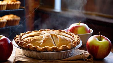 Apple pie for breakfast. Delicious apple pie on a wooden table. Close-up