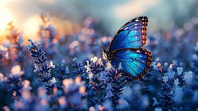 Blue butterfly resting on lavender flowers, vibrant colors at sunset. Nature and tranquility concept